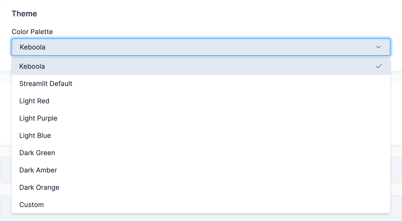 The Theme card on the Advanced Settings tab with the Color Palette list open: Keboola (selected), Streamlit Default, Light Red, Light Purple, Light Blue, Dark Green, Dark Amber, Dark Orange and Custom